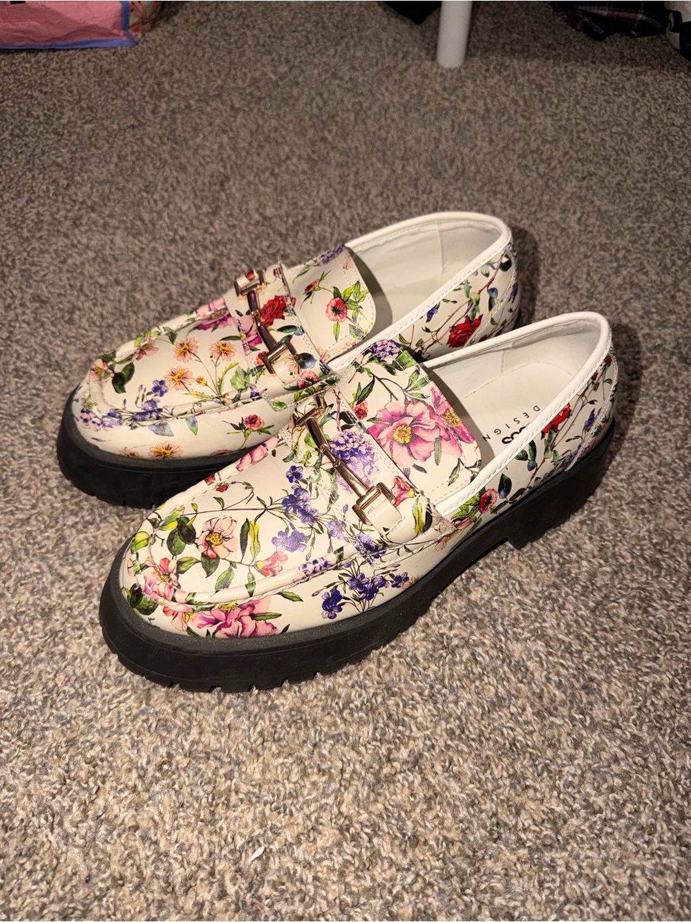 ASOS White Floral Platform Loafers with Gold Buckle